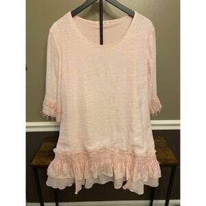 Indigo Soul Top Blouse Pink 1/2 Sleeve Boat Neck Tunic Ruffles Women's Size XL